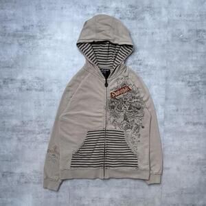 Y2K Quiksilver 00s skull beige zip up grunge hoodie jacket